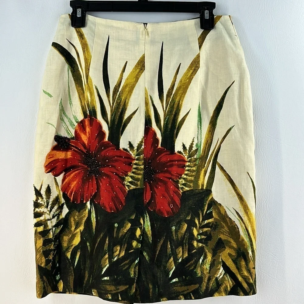 Beautiful Silk Club 100% Linen Hibiscus Floral Pencil Skirt, 8